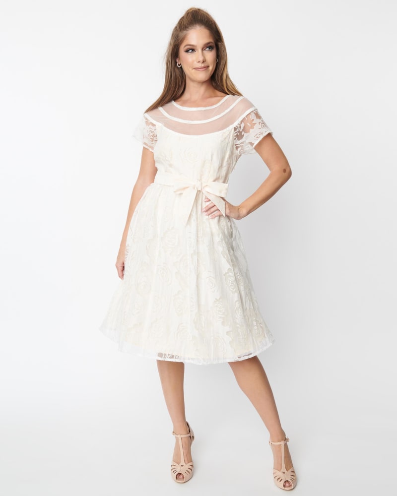 Front of a model wearing a size XL Unique Vintage White Burnout Rose Flare Dress in White, Floral by Unique Vintage. | dia_product_style_image_id:287071